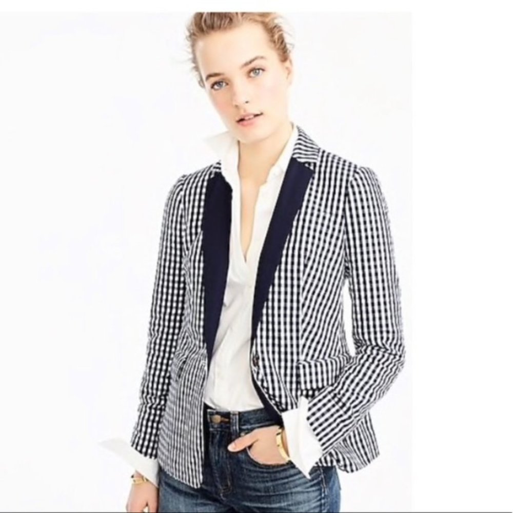 Jcrew Puckered Gingham Blazer Navy White